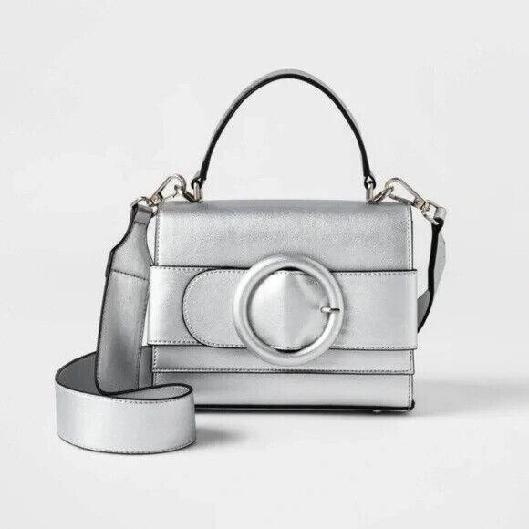 Silver Faux Leather Crossbody Bag With Detachable Strap & Top Handle - Picture 1 of 2